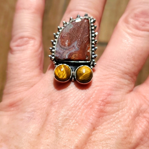 New Lake Superior Agate & Tiger Eye 925 Silver Ring. - Picture 3 of 13